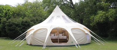 6m Tents - picture of a canvas, 6m bell tent with roof cover. Perfect 6 man tent with lots of standing room and superior quality. Lotus Belle